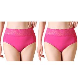 Serecofo 2er-Pack Damen Spitzenhöschen mit hoher Taille Slips Höschen aus Baumwolle Damenunterwäsche Größe 34-50 Elastische Hipster Shorts (44-46, 2 Fuchsie) von Serecofo