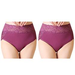 Serecofo 2er-Pack Damen Spitzenhöschen mit hoher Taille Slips Höschen aus Baumwolle Damenunterwäsche Größe 34-50 Elastische Hipster Shorts (44-46, 2 Lila) von Serecofo