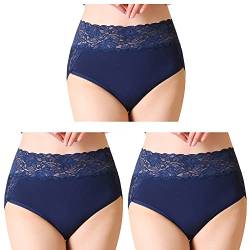 Serecofo 3er Pack Damen Spitzenhöschen Hohe Taille Spitzenslips Höschen Hipster Shorts Größe 34 bis 50 Dessous Unterwäsche (44-46, 3 Dunkelblau) von Serecofo