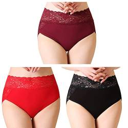 Serecofo 3er Pack Damen Spitzenhöschen Hohe Taille Spitzenslips Höschen Hipster Shorts Größe 34 bis 50 Dessous Unterwäsche (44-46,Schwarz,Weinrot,Rot) von Serecofo