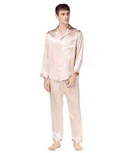 Herren Seide Nachtwäsche Pyjama Nachtwäsche Langarmshirt & lange Hose, 100% Seide (Hauptteil), 5 Farben, gold, M von Seres