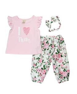 Serkon 005 Baby Mädchen 3-er Set Hose T-Shirt Stirnband Blumenmuster Baumwolle Outfit (12-18 M, Rosa) von Serkon