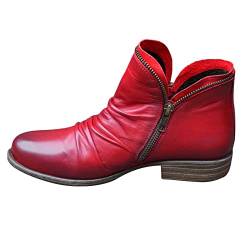 Damen Stiefel Wasserdicht Mode Runde Zehen Kurze Stiefel Schwarz Rot Damen Kurze Stiefel mit Reißverschluss Retro Cowboy Stiefel Seitlicher Reißverschluss Zehen Solide Kurze Stiefel von Serria