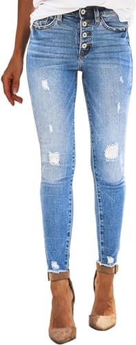 Jeanshosen Damen mit Löcher Damen Dehnbare hoch taillierte Boyfriend-Jeans mit geradem Bein und ausgefransten -Denim-Hosen (A, L) von Serria