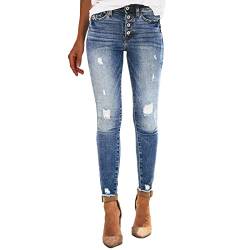 Jeanshosen Damen mit Löcher Damen Dehnbare hoch taillierte Boyfriend-Jeans mit geradem Bein und ausgefransten -Denim-Hosen (B, XL) von Serria