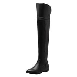 Overknee Stiefel Flach Kniehohe Damenstiefel mit seitlichem Reißverschluss, flachem Boden und flachem Absatz im Herbst und Winter (#A-Black, 38) von Serria