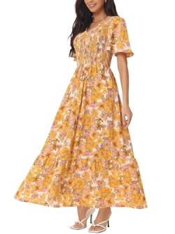 Seta T Damen Kleid Midikleid Blumenmuster Kurzen Flatterärmeln V-Ausschnitt Gesmokt Sommerkleid mit Taschen Gelb XL von Seta T