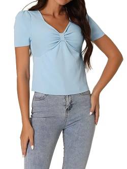 Seta T Damen Kurzarm Bluse Sommer T-Shirts Lässig Herzförmiger Ausschnitt Gerippt Strickoberteil Blau L von Seta T