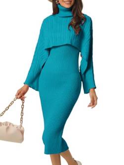 Seta T Damen Langarm Frühling Herbst 2-teiliges Outfit Gestrickt Rollkragenpullover Figurbetont Midi Pullover Kleid Set Blau L von Seta T