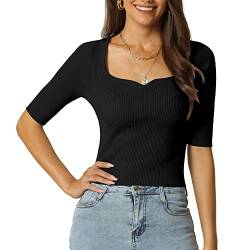 Seta T Damen T-Shirt Ellenbogenärmeln Schmale Passform Quadratischer Ausschnitt Solide Pullover Blusen Oberteile Schwarz XL von Seta T