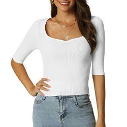 Seta T Damen T-Shirt Ellenbogenärmeln Schmale Passform Quadratischer Ausschnitt Solide Pullover Blusen Oberteile Weiß XL von Seta T