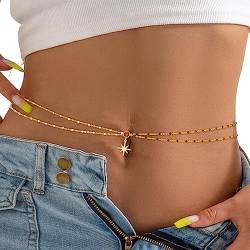 Sethain Boho Strass-Taillenkette Gold Kristall Anhänger Bauchketten Geschichtet Funkelnd Taillenketten Stern Sommerstrandkette für Frauen (L, Gold-F) von Sethain