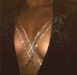 Sethain Strass Körperkette Gold Kristall Brustketten Kreuz BH-Kette Nachtclub Bikini Sommerstrandkette Körperschmuck für Frauen und Mädchen (M, Silber) von Sethain