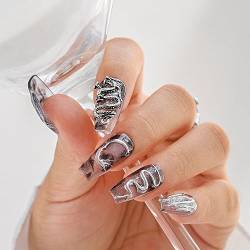 Sethexy 3D-Drache Kristall Mond Handgemalt Drücken Sie auf Nägel Glänzend Punk Langer Sarg Falsche Nägel Handgefertigt Strass Funkeln Falsche Fingernägel abnehmbar für Frauen und Mädchen von Sethexy