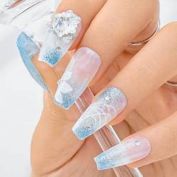 Sethexy Blau Glitter Nägel zum Aufdrücken Handgefertigt Langer Sarg Falsche Nägel Elegant Acryl Falsche Nägel Strassstein Blume Gemalt für Frauen und Mädchen 10PCS (10) von Sethexy
