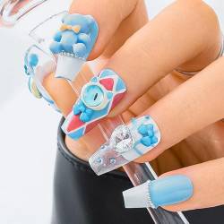 Sethexy Blau Medium Sarg Falsche Nägel Acryl Glänzend Falsche Nägel Teufelsauge Lustige Nägel zum Aufdrücken 3D-Bär Strassstein Niedlich Nägel aufkleben 10PCS (7) von Sethexy