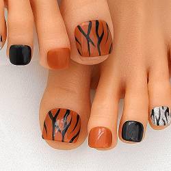 Sethexy Glänzend Quadratisch Kurz Falsche Zehennägel Handgefertigt Acryl Falsche Zehennägel Vollständig Abdeckung Künstliche Orange Zebra Zehennägel zum Aufdrücken Abnehmbar für Frauen und Mädchen von Sethexy