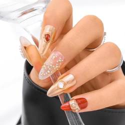 Sethexy Gold Handgemacht Nägel zum Aufdrücken Lange Mandel Luxus Falsche Nägel mit Design Acryl Glänzend Perle Falsche Nägel Salon Nägel für Frauen und Mädchen 10PCS (Gold) von Sethexy