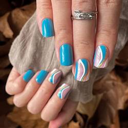 Sethexy Kurz Squoval Falsche Nägel Swirl Press on Nails Frühling Mode Falsche Fingernägel 24St Kunst Acryl Nägel aufkleben für Frauen und Mädchen von Sethexy