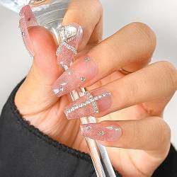 Sethexy Langer Sarg Rosa Falsche Nägel Handgefertigt Strasssteine Farbverlauf Falsche Nägel 3D Kristall Liebesherz Kette Nägel zum Aufdrücken Acryl Nägel zum Aufkleben für Frauen und Mädchen von Sethexy