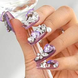 Sethexy Lila Strassstein Nägel aufdrücken Handgefertigt Luxus Langer Sarg Falsche Nägel 3D-Kristall Falsche Nägel Acryl für Frauen und Mädchen 20PCS (Q) von Sethexy
