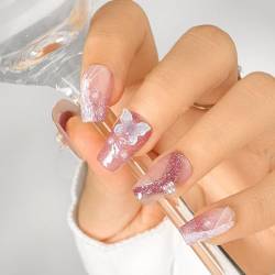 Sethexy Niedlich Schmetterling Medium Sarg Falscher Nagel 3D Blumen Handgemacht Falsche Nägel Glitzer Perle Falsche Nägel Salon Dauerhafte Qualität Press on Nail für Frauen und Mädchen(T) von Sethexy