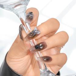 Sethexy Schwarz Farbverlauf Nägel aufdrücken 3D-Kristall Blume Handgemacht Falsche Nägel Acryl Glänzend Falsche Nägel für Frauen und Mädchen 20PCS (V) von Sethexy