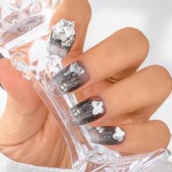 Sethexy Schwarz Gradient Strass Handgefertigt Künstlicher Nagel 3D-Kristall Mittlerer Sarg Falsche Nägel Funkeln Glänzend Drücken Sie auf den Nagel Salonqualität für Frauen und Mädchen (G) von Sethexy
