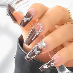 Sethexy Schwarzer Farbverlauf Handgemacht Nägel aufdrücken Strassstein Acryl Falsche Nägel Metallisch Glänzend Falsche Nägel Kette Salon Aufkleben Nägel für Frauen und Mädchen 10PCS (9) von Sethexy