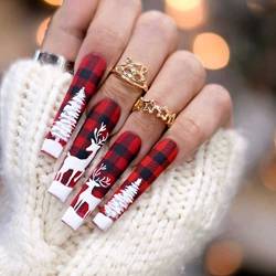 Sethexy Weihnachten Lange Sarg Falsche Nägel Rot Presse auf Nägel Glänzend 24Pcs Acryl Stick auf Nägel für Frauen und Mädchen von Sethexy