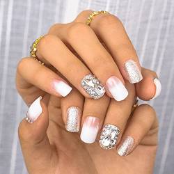 Sethexy Weiß Falscher Nagel Glänzend Squoval Falsche Fingernägel Funkeln Strass Nägel mit Kleber 24St Bling Acryl Drücken Sie auf Nagelspitzen für Frauen und Mädchen von Sethexy