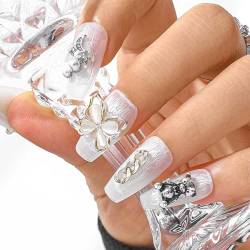 Sethexy Weiß Strass Matt Falsche Nägel Luxus Langer Sarg Nägel zum Aufdrücken 3D Schmetterling Perle Kette Handgefertigt Falsche Nägel Salon Qualität für Frauen und Mädchen(B) von Sethexy