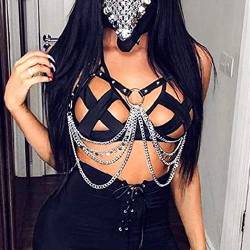 Sethexy gotisch Leder BH-Kette Schwarz Mehrschichtig Brustketten für Harness geschichtet Strappy Büste Clubwear Körperzubehör für Frauen und Mädchen von Sethexy