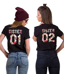 Sister T-Shirt für Mädchen Best Friends T-Shirt Beste Freunde T-Shirt BFF Shirt Damen Best Friends Geschenk Oberteil Kurzarm Sommer Baumwolle Schwarz Weiß 1 Stück, 01-Blume-Schwarz, M von Sevpuikl