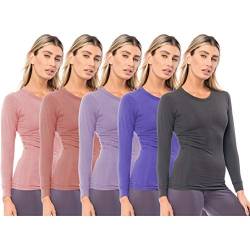 Sexy Basics Damen 5er Pack Casual & Active Basic Baumwolle Stretch Langarm Rundhals Athletic T-Shirt Tops - - Groß von Sexy Basics