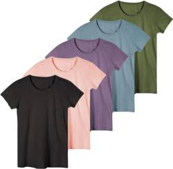 Sexy Basics Damen 5er-Pack Rundhalsausschnitt T-Shirts | Workout - Activewear - Yoga - Schlafen Ultra Soft Stretch Kurzarm T-Shirts, 5er-Pack - Schwarz, Denim, Olivgrün, Koralle, Traube, Mittel von Sexy Basics