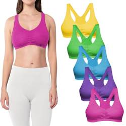 Sexy Basics Damen Baumwolle Spandex Racer Back BH | 4-Wege-Stretch Pullover Workout Sport BH (Multipack), 5er-Pack - Neonfarben, Large von Sexy Basics