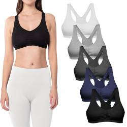 Sexy Basics Damen Baumwolle Spandex Racer Back BH | 4-Wege-Stretch Pullover Workout Sport BH (Multipack), 5er-Pack: Schwarz, Weiß, Grau, Marineblau, Dunkelgrau, XXX-Large von Sexy Basics