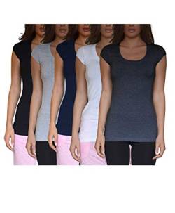 Sexy Basics Damen-T-Shirt, Rundhalsausschnitt, Kurze Ärmel, Lange Tunika/Baumwolle, Stretch, U-Ausschnitt, 5 Farben - Mehrfarbig - Mittel von Sexy Basics