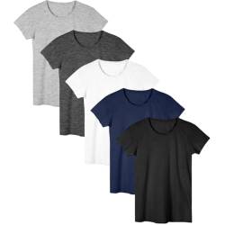 Sexy Basics Damen-T-Shirts aus Baumwolle, Stretch, Freizeit- und Aktiv-Basic-Oberteile, Multipacks, 5 Stück, Schwarz/Weiß/Grau/Marineblau/Anthrazit, Groß von Sexy Basics