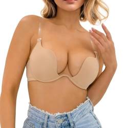 Damen Low Plunge Push-Up-BH mit transparenten Trägern, tief geschnitten, umwandelbar, Bügel, gepolsterter Dekolleté-BH(D013+D259,Beige,32A) von Sexy Code 1701