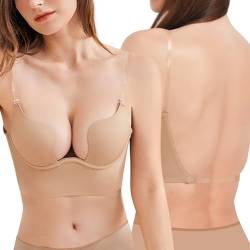 Damen Rückenfreier BH, Low-Back-BHS Tiefer Ausschnitt Push-Up-BH mit transparenten Trägern,Weich Bügel-BH(D365+D259,Beige,38B) von Sexy Code 1701