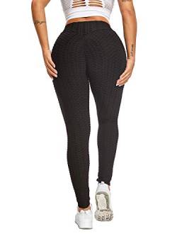 Sexy Dance Damen Leggings mit Wabenstruktur, Anti-Cellulite-Lift, hohe Taille, Yogahose, Scrunch/ger?chter Po, Laufhose f? Fitness und Fitnessstudio Gr. L, Schwarz von Sexy Dance