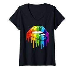 Damen Sexy Regenbogen Lippen Shirt LGBT Schwule Homosexuell Lesben T-Shirt mit V-Ausschnitt von Sexy Dripping Rainbow Lips Gay Pride LGBT Gifts