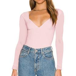 Damen Crop Tops Cami Sexy Rückenfrei Tiefer V-Ausschnitt Kurzarm Y2K T Shirts Lässige Slim Fit Tee Sommer Crop Cami, Langarm-Rosa, Groß von Sexybeauty.u