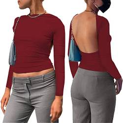 Sfit Backless Top Damen Y2K Rückenfreies Top Sexy Slim Fit Backless Shirt Langarm Cropped Oberteil Front Back Reversible Tops Cut Out Shirts Streetwear(Rot,S) von Sfit