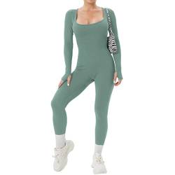 Sfit Damen Jumpsuit Yoga Langarm Eng Sport Workout Gerippte Strick Bodysuit Playsuits Overall Stretch Bodycon Strampler Bodycon Einteiler Hosenanzug Trainingsanzug(L,Hellgrün) von Sfit