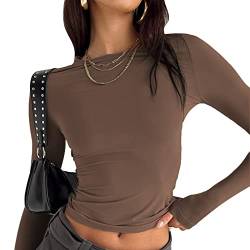 Sfit Damen Langarmshirt Y2K Crop Tops Slim Fit Eng Basic Oberteile Sexy Cropped Tee Rundhals Casual T-Shirt Streetwear Aesthetic Teenager(Dunkelbraun,S) von Sfit