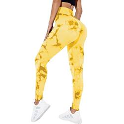 Sfit Damen Scrunch Butt Leggings High Waist Push Up Boom Booty Leggings Blickdicht Slim Fit Nahtlos Fitnesshose Sport Leggings Workout Yoga Sporthose(Tie-Dye Gelb,S) von Sfit