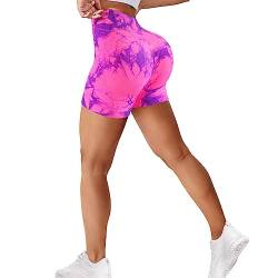 Sfit Damen Scrunch Butt Sport Shorts High Waisted Kurze Leggings Sporthose Push Up Boom Booty Nahtlose Biker Gym Shorts für Sport Yoga Fitness Radfahren Workout(Tiedye-Fuchsie,L) von Sfit